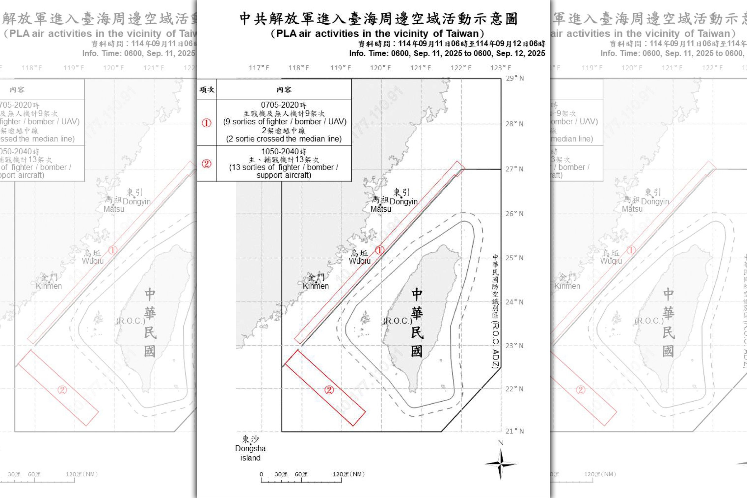 我國國防部今日公布,偵獲中共軍機22架次、軍艦10艘持續在台灣周邊活動,其中15架次軍機逾越台灣海峽中線。(國防部提供)