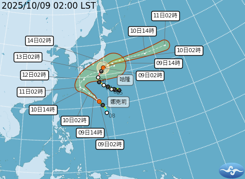 強颱哈隆侵襲日本機率低，輕颱娜克莉則似乎會閃過日本本土，「雖然有雙颱共存，但各自獨舞、不符合共舞的特徵。」（翻攝自中央氣象署官網）