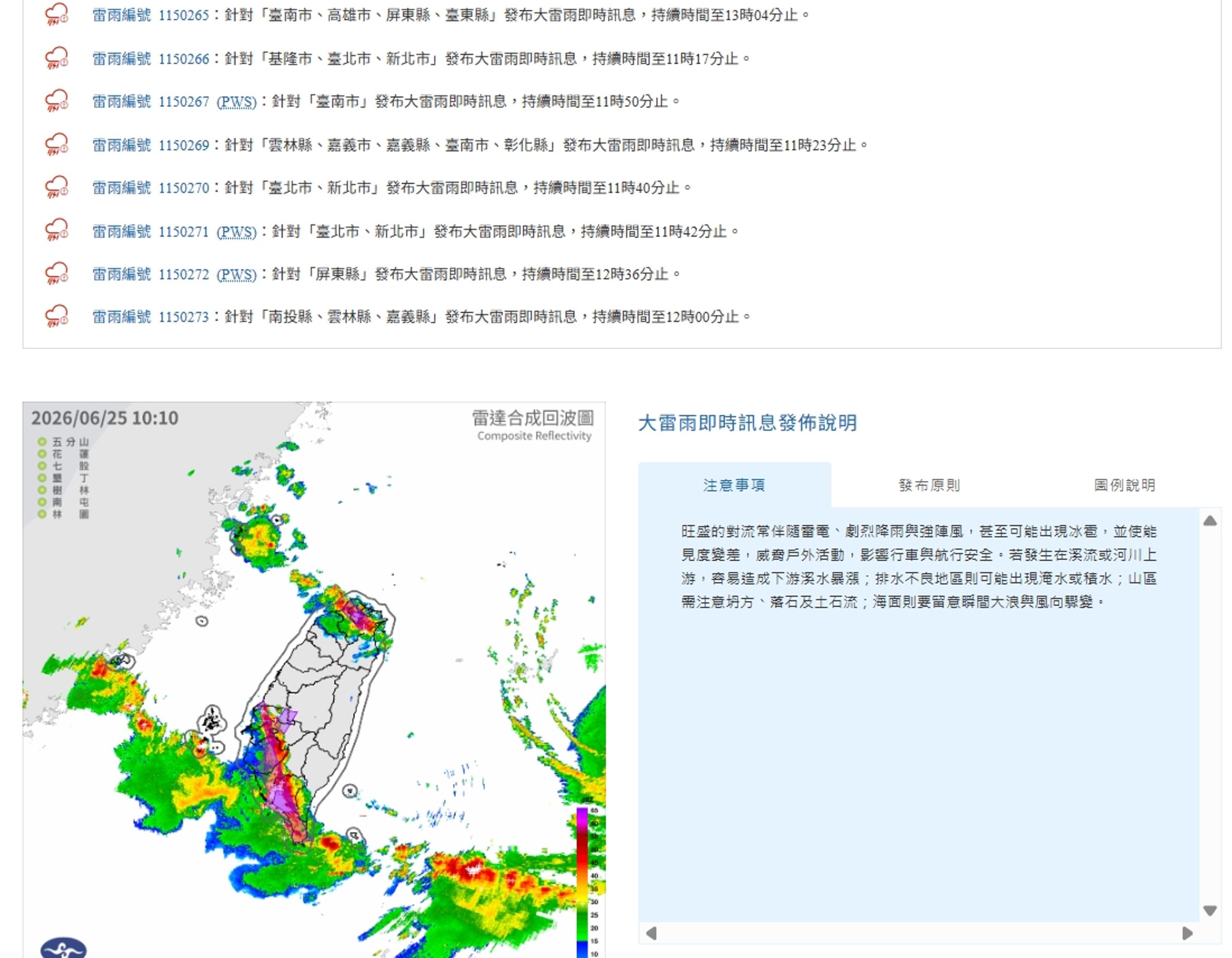 中央氣象署發布大雷雨即時資訊。（翻攝自中央氣象署官網）