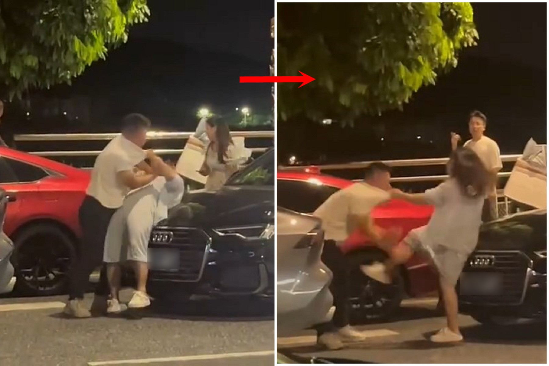 超強格鬥！女遭男暴打處弱勢，一招「踢下體爆橘」成功逆襲。（翻自微博）