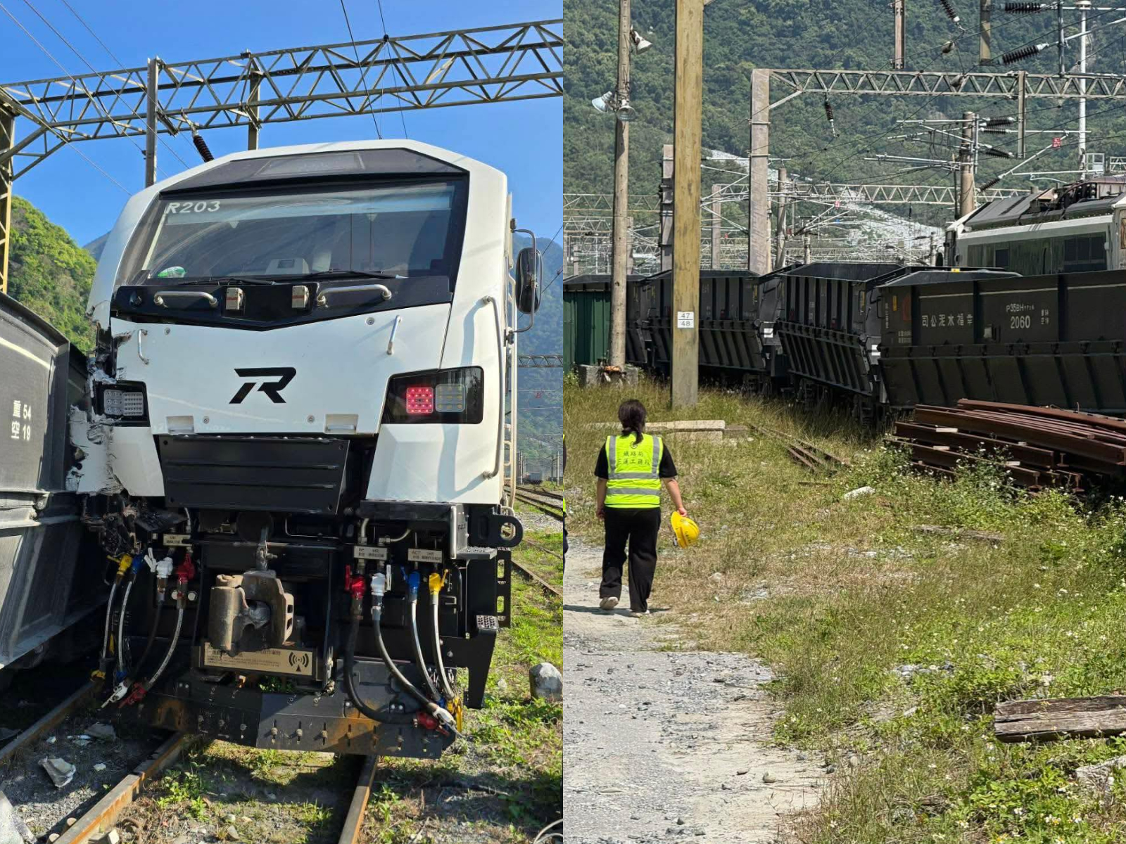 台鐵R203新柴電機車（左圖）進行調車作業，疑號誌錯誤，導致撞上側線的幸福水泥水泥車（右圖），導致其中2輛水泥車出軌。（翻攝自「三鐵事故通報平台」臉書）