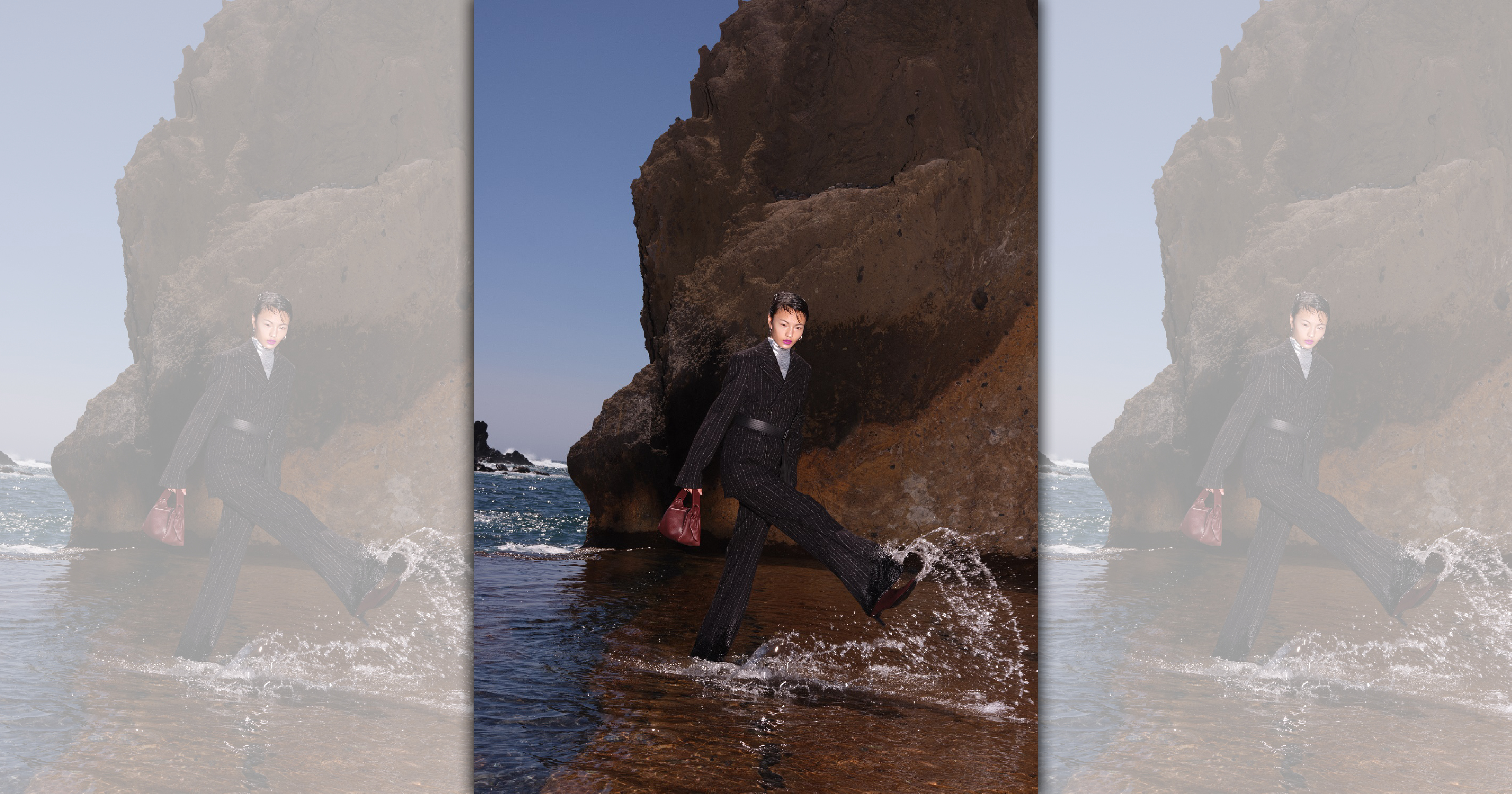 KENZO在2024秋冬形象廣告中，模特兒已手提KENZO FUROSHIKI包款。（惇聚國際提供）