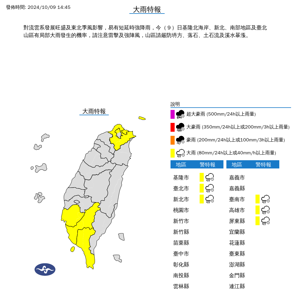 氣象署今針對全台6縣市發布大雨特報，範圍台北市、新北市、基隆市、台南市、高雄市及屏東縣。（中央氣象署提供）