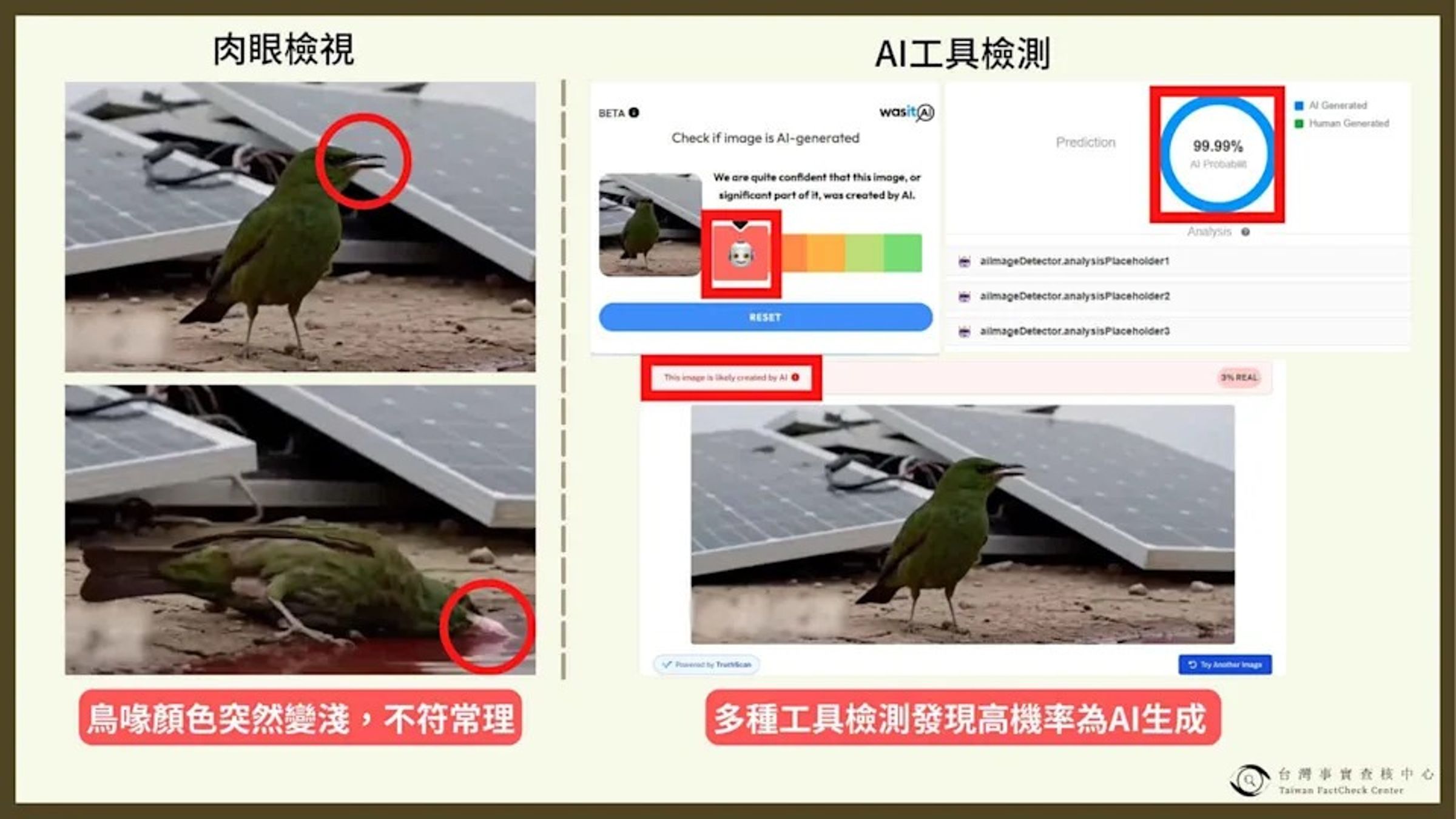 事實查核平台「MyGoPen」昨(25日)發文表示,透過圖片反搜工具追溯調查後,發現是AI影片。(翻攝自台灣事實查核平台)