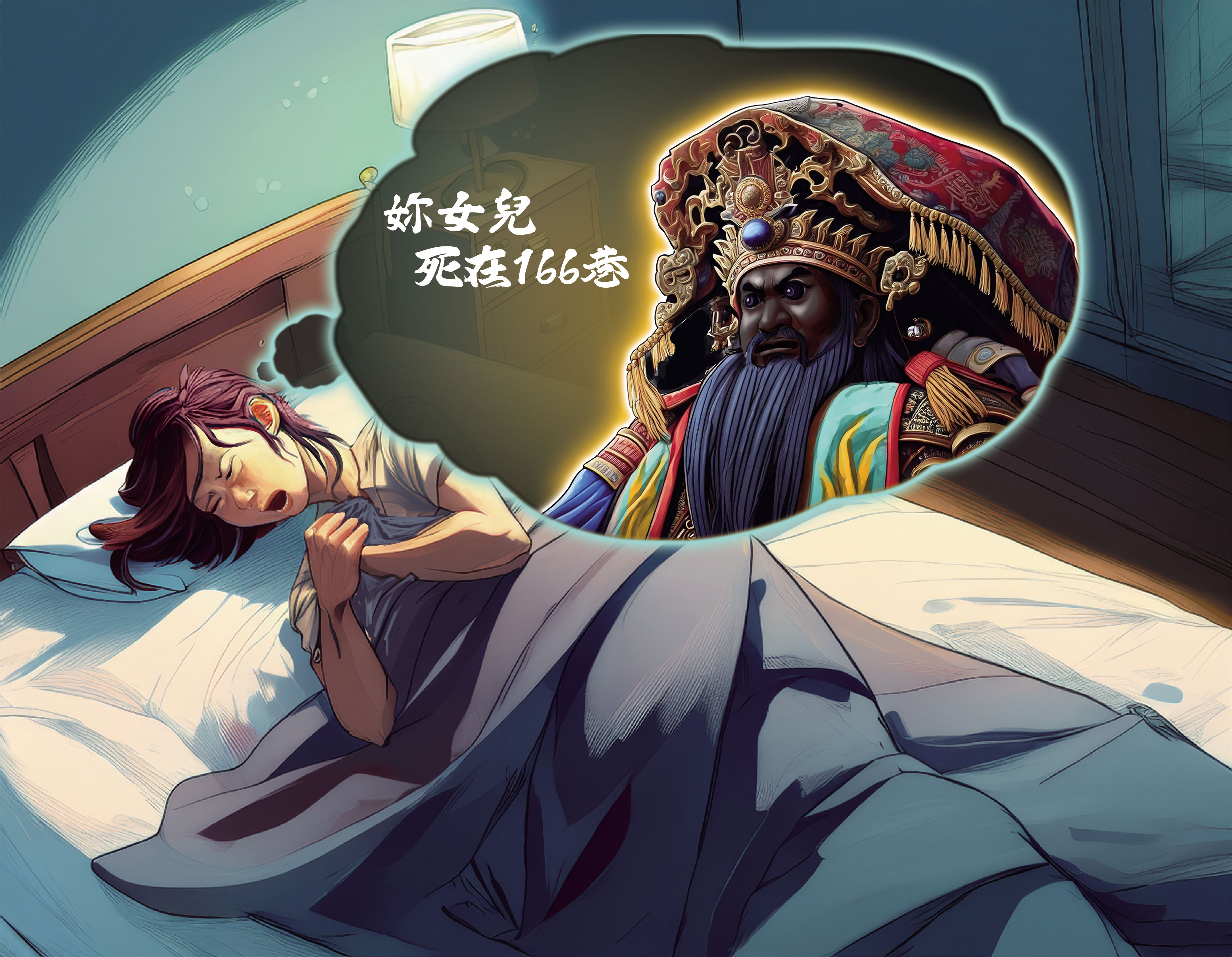 池府王爺在夢中告訴死者的媽媽，死者屍體在某條路的166巷。（AI繪圖Adobe Firefly生成，本刊美術組後製）