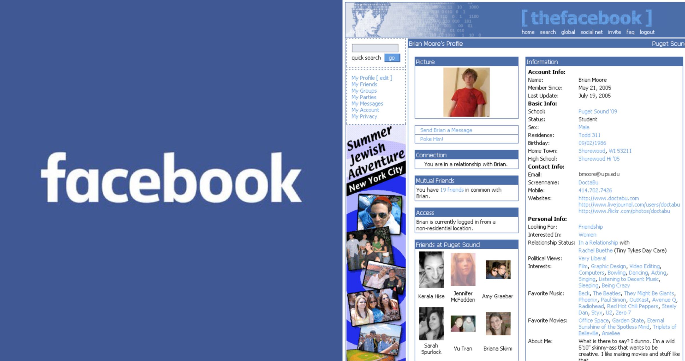 現代Facebook藍色logo(左圖),對照2004年剛上線時的「TheFacebook」個人頁面(右圖)。(翻攝臉書)
