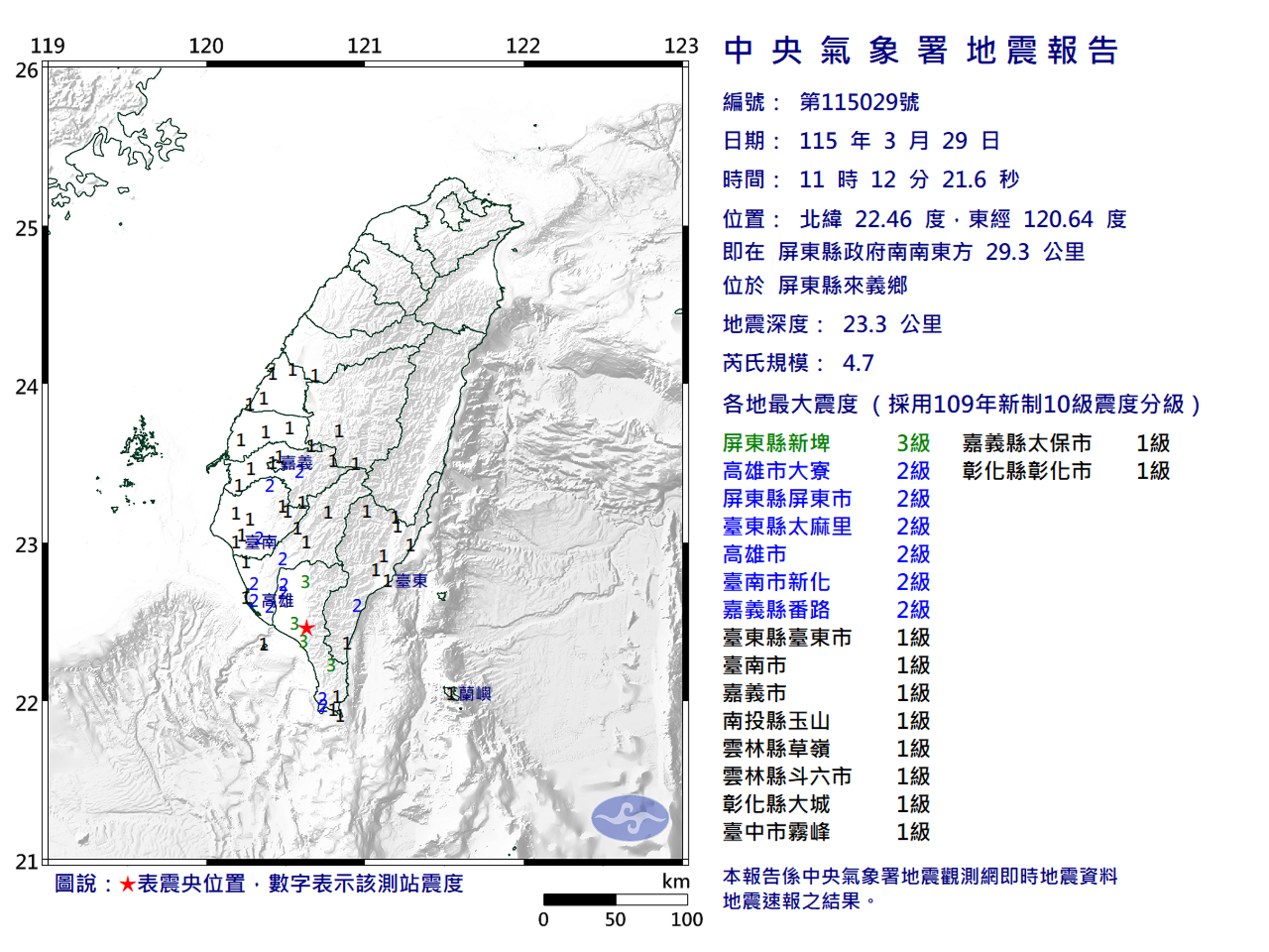 今（29日）上午11時12分，屏東縣來義鄉發生芮氏規模4.7地震，深度23.3公里。（氣象署提供）