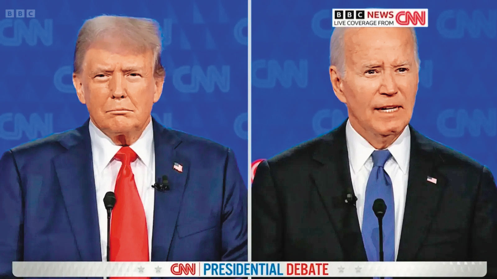 一邊是老到無法帶領民主價值的軟弱拜登（右），一邊是挑戰民主價值的生意人川普（左），美國跟世界都沒有別的選擇。（翻攝BBC畫面）
