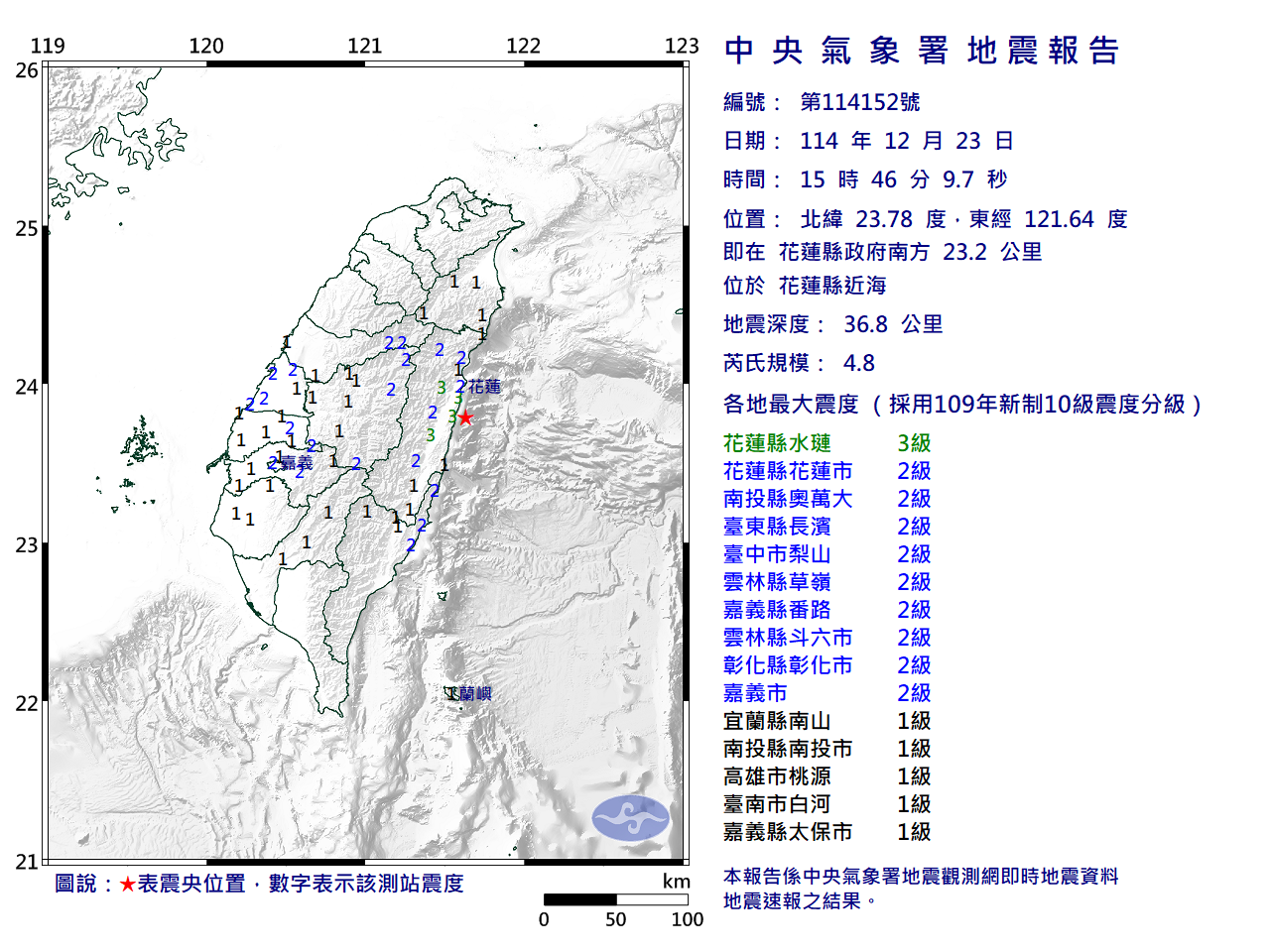 15時46分花蓮縣近海發生芮氏規模4.8的地震，地震深度為36.8公里。（翻攝自中央氣象署官網）