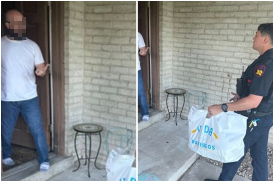 美國德州一名男子叫外送，不過正要應門取餐時，卻當場嚇到，因為外送員竟是名警察。（翻攝自FB＠Mark Herman, Harris County Constable Precinct 4）