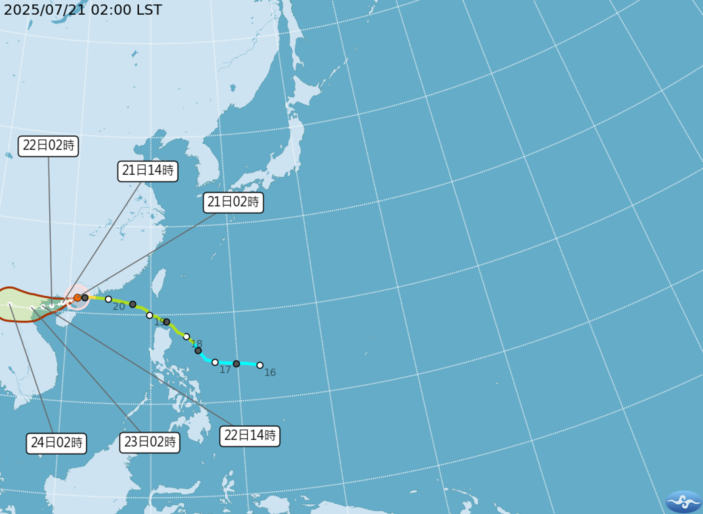 輕度颱風薇帕雖遠離，但其外圍雲系與低壓帶影響，今天全台各地降雨機率偏高。（中央氣象署提供）