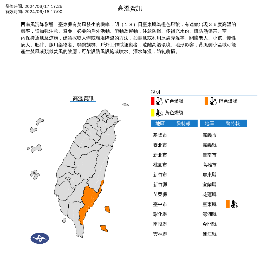 中央氣象署發布高溫警報,預測受西南風影響,台東縣有焚風發生的機率。(中央氣象署提供)