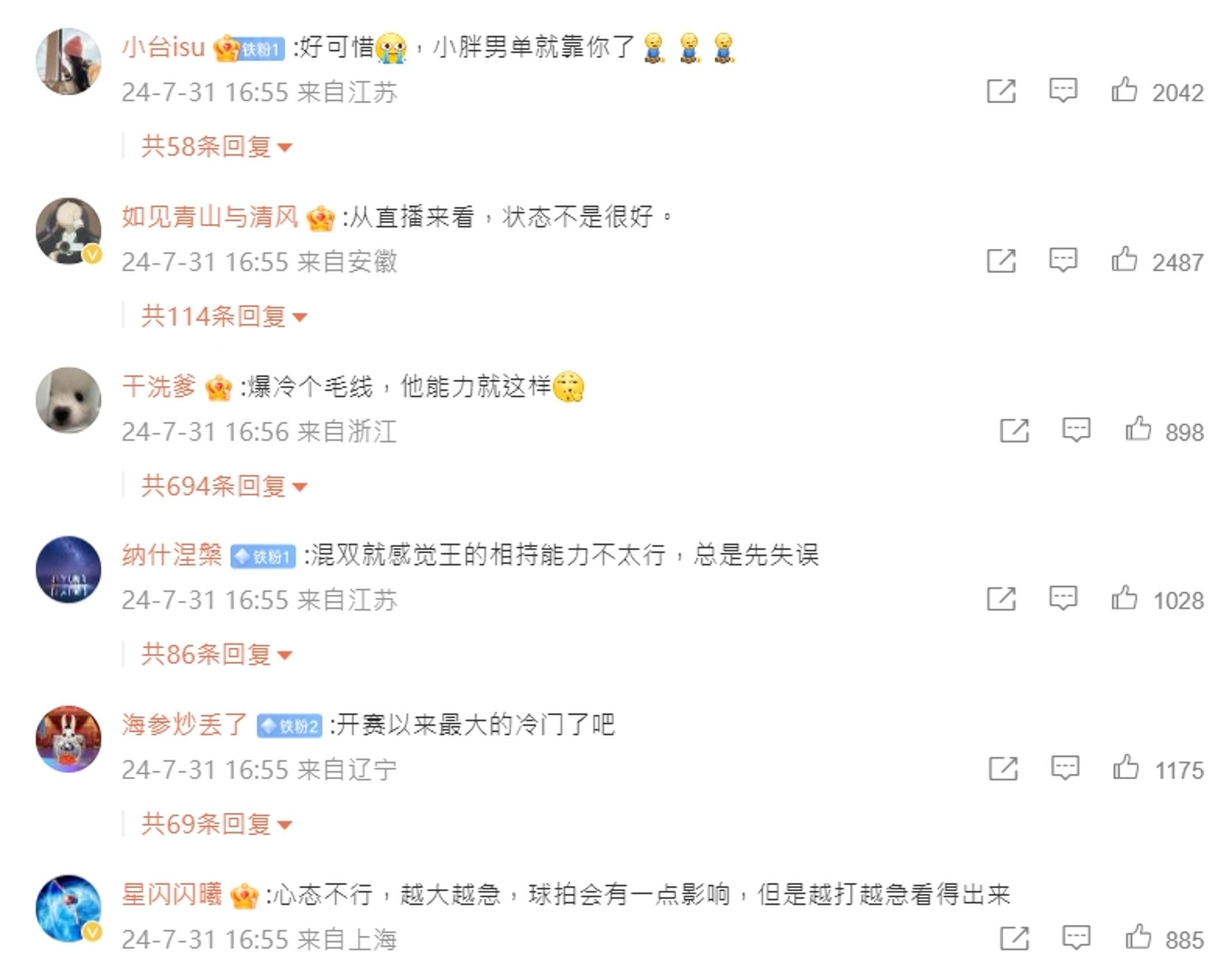 中國網友對王楚欽的男單表現不滿。(翻攝微博)