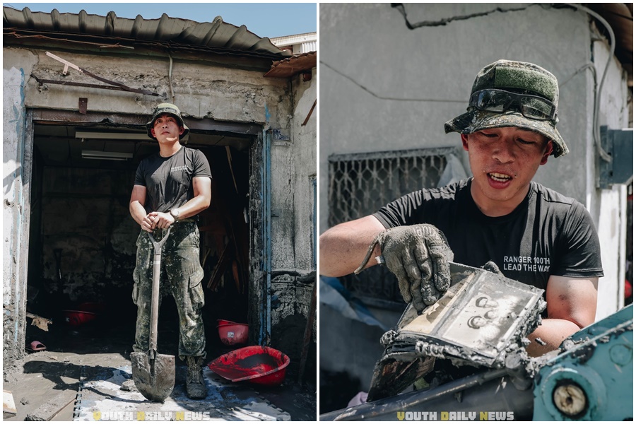 特指部特5營王嵩惟中尉，老家也在光復鄉，協助重災區救災後，才回家清理家園。（翻攝自青年日報臉書）