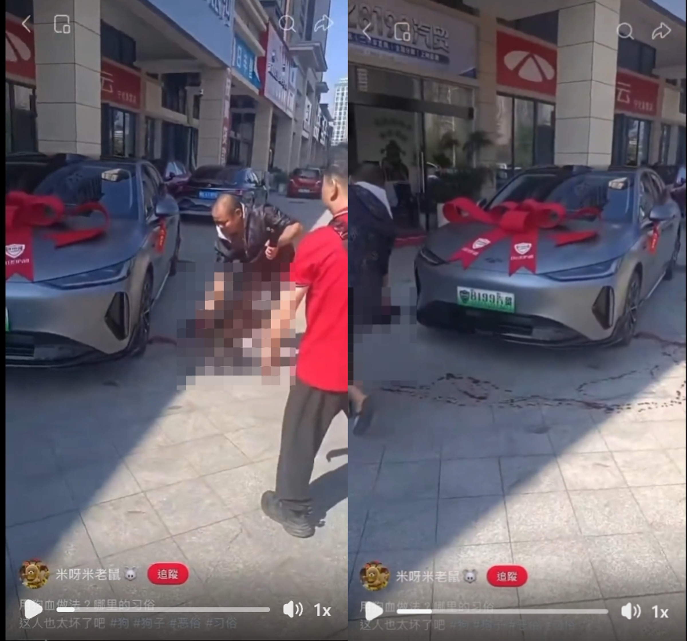 中國男子抓著一隻黑狗倒吊放血沿著新車繞行。(翻攝Threads畫面)