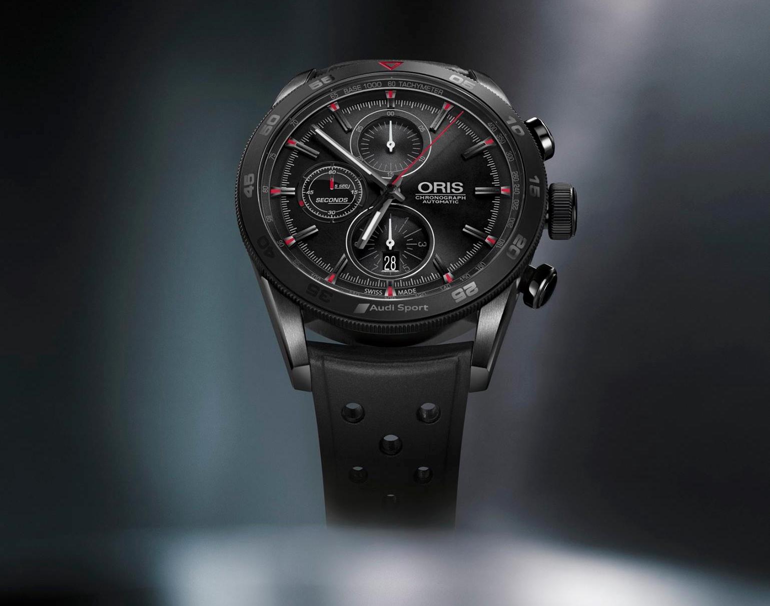 今年新的ORIS Audi Sport第三代主題錶，面盤上的9點鐘位置小錶盤，獨特的15秒顯示仿若賽車起跑告示燈搬運作。