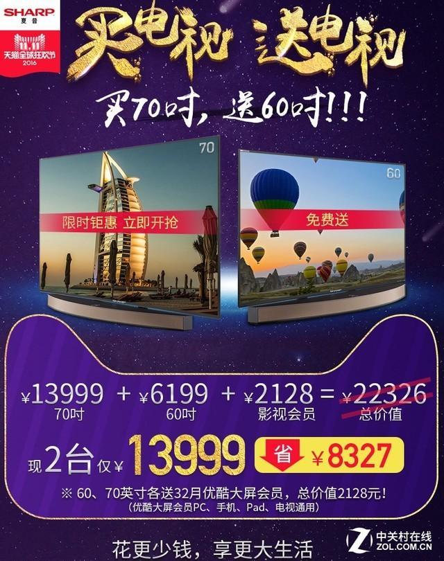 振興夏普，鴻海郭董全力支持，還在中國光棍節推出買70吋送60吋電視的活動。（翻攝網路）