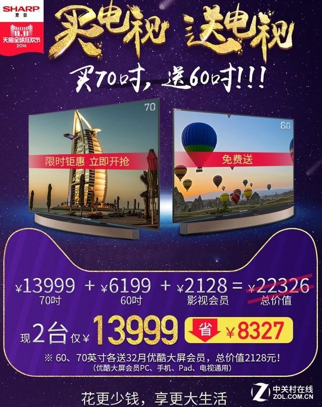 振興夏普,鴻海郭董全力支持,還在中國光棍節推出買70吋送60吋電視的活動。(翻攝網路)