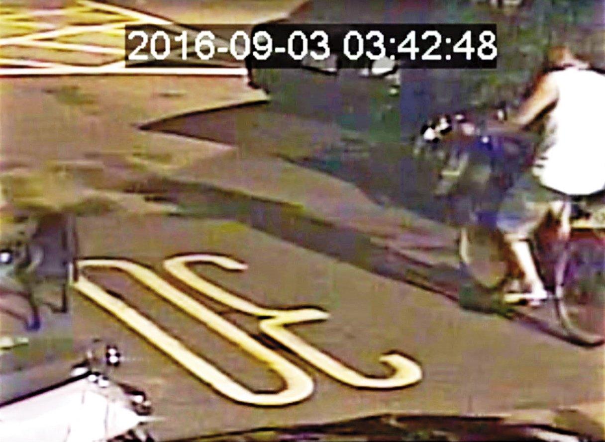 畫面中騎車的陳阿伯就是被誣陷成縱狗咬貓的嫌犯,他表示犬隻攻擊街貓時,他根本來不及阻止。(翻攝畫面)