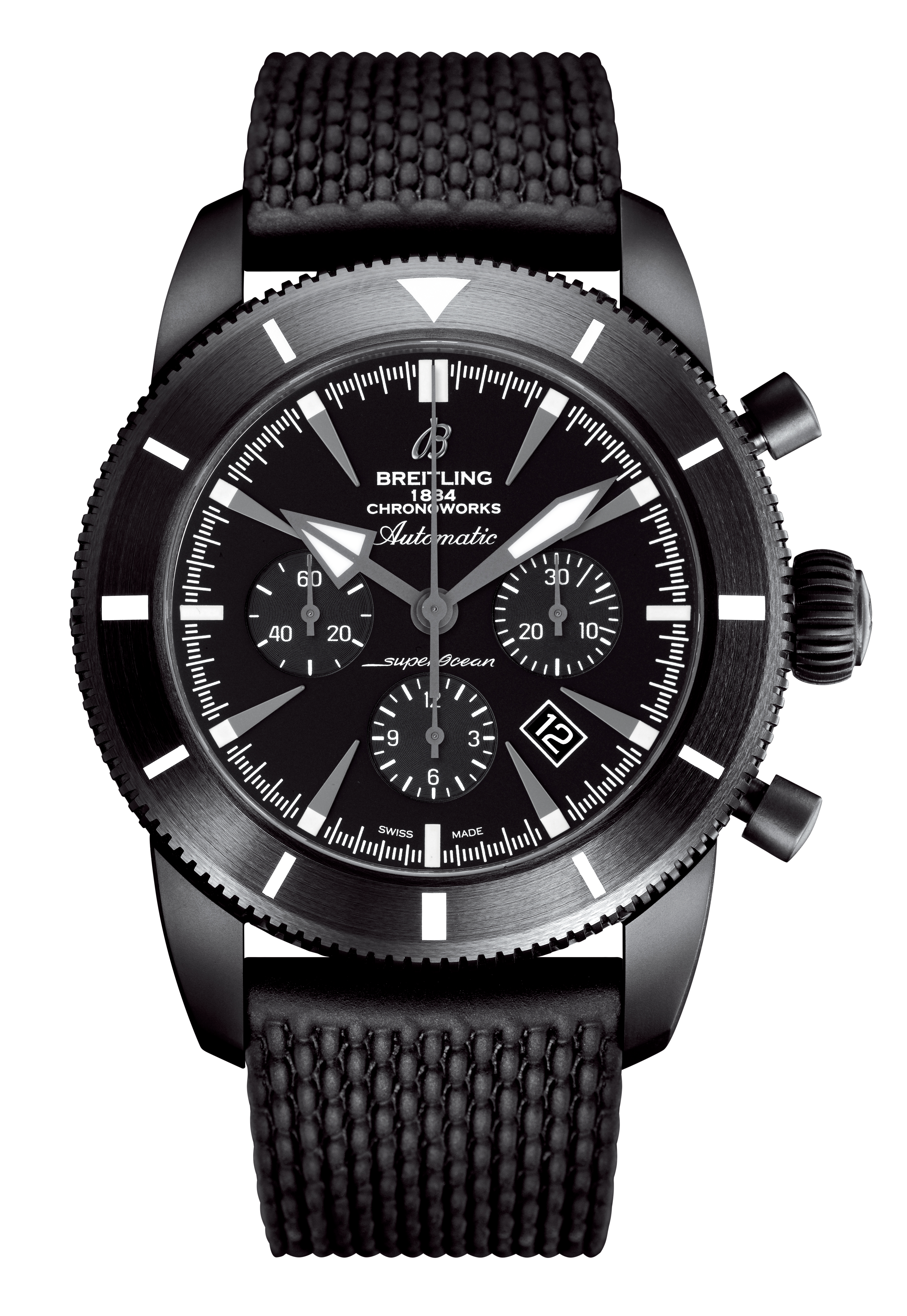 Superocean Héritage Chronoworks計時碼錶 01 Chronoworks®自動上鍊機芯/陶瓷材質/錶徑46mm /時、分、秒指示/日期顯示/計時碼錶功能/C.O.S.C.瑞士官方天文台認證/藍寶石水晶錶鏡、底蓋/防水100米/限量100只/建議售價：NT$1,392,400