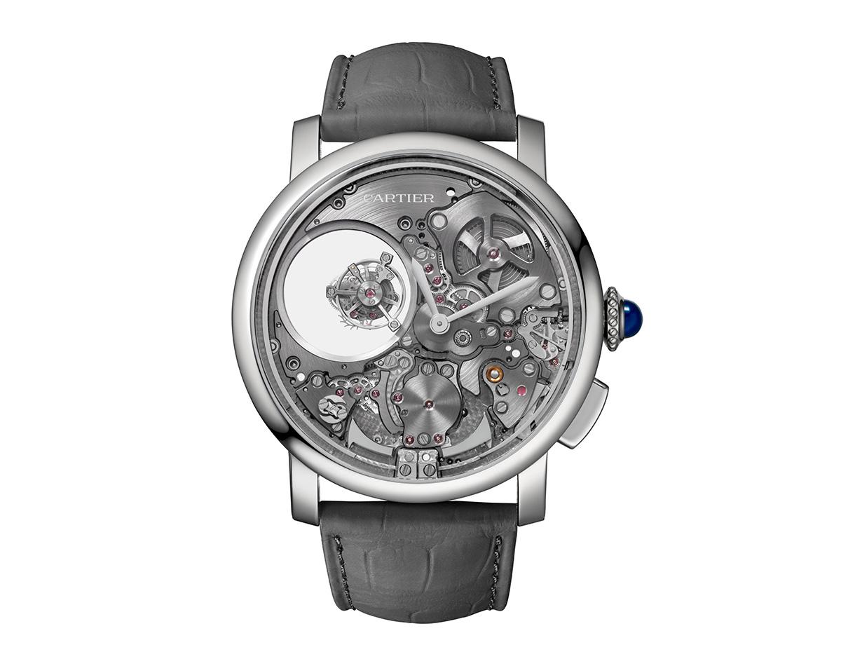 Rotonde de Cartier三問雙重神秘陀飛輪腕錶,三問報時加上雙重神秘陀飛輪,限量50只。
