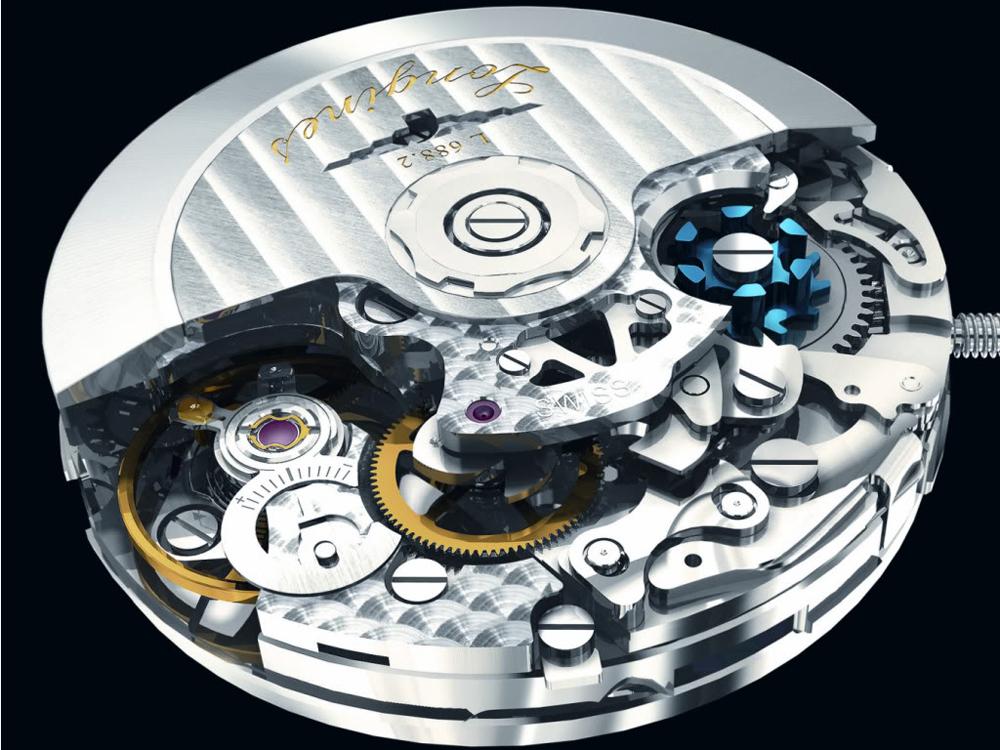 LONGINES使用的導柱輪計時碼錶機芯，請注意還加以藍鋼處理以讓其更為醒目。