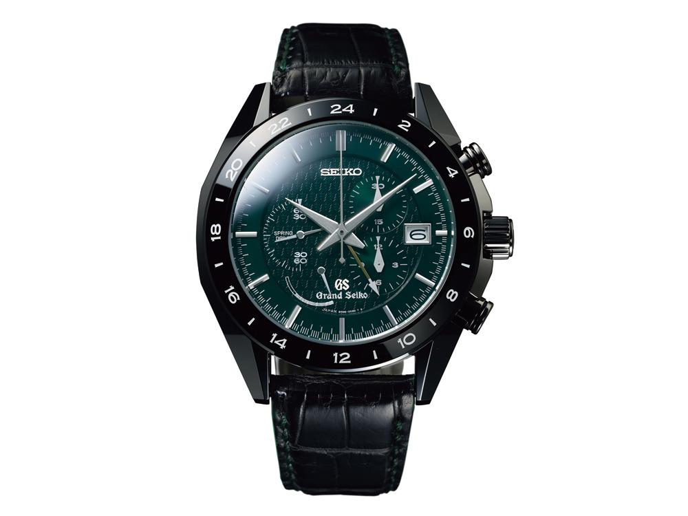裝配9R96 Spring Drive垂直離合機制自動上鍊機芯的GRAND SEIKO陶瓷兩地時間計時碼錶(SBGC017)。陶瓷＋鈦合金材質/錶徑46.4mm/時、分、秒、兩地時間、動力儲存指示/日期顯示/計時碼錶功能/藍寶石水晶錶鏡、底蓋/防水100米/m全球限量600只、台灣限量10只/建議售價：NT$ 428,000