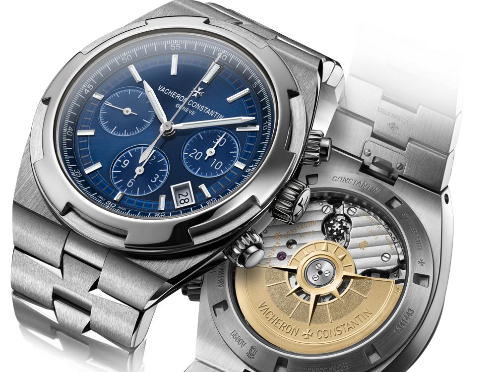 使用5200導柱輪自動上鍊機芯的VACHERON CONSTANTIN Overseas計時碼錶。不鏽鋼材質/錶徑42.5mm /時、分、秒指示/日期顯示/計時碼錶功能/錶殼裝有防磁軟鐵/日內瓦印記認證/藍寶石水晶錶鏡、底蓋/防水150米/建議售價：NT$1,010,000