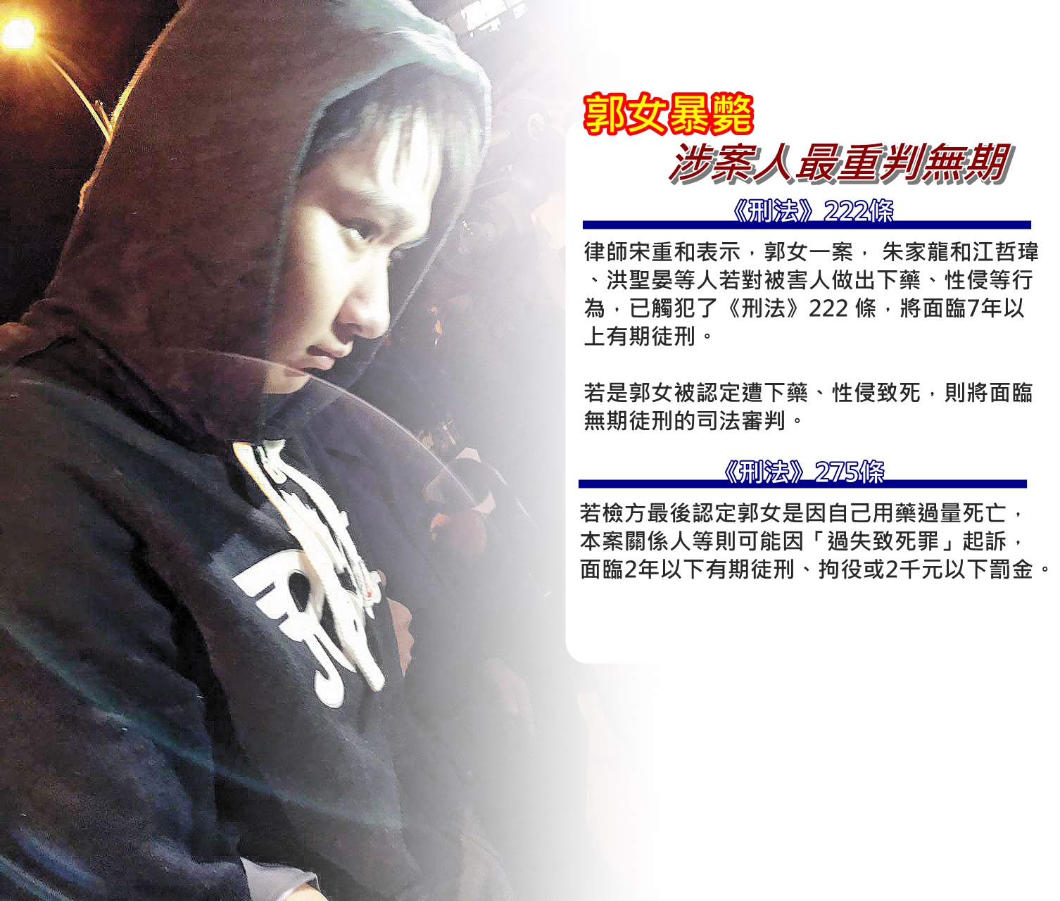 藥頭江男到案後僅承認現場的毒品為他所帶,但否認有與郭女發生性關係。
