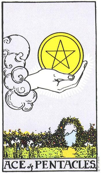 錢幣王牌 Ace of Pentacles。圖翻攝自Rider-Waite Tarot by A.E. Waite & Pamela Colman-Smith