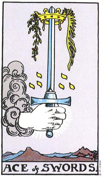 寶劍王牌 Ace of Swords。圖翻攝自Rider-Waite Tarot by A.E. Waite & Pamela Colman-Smith