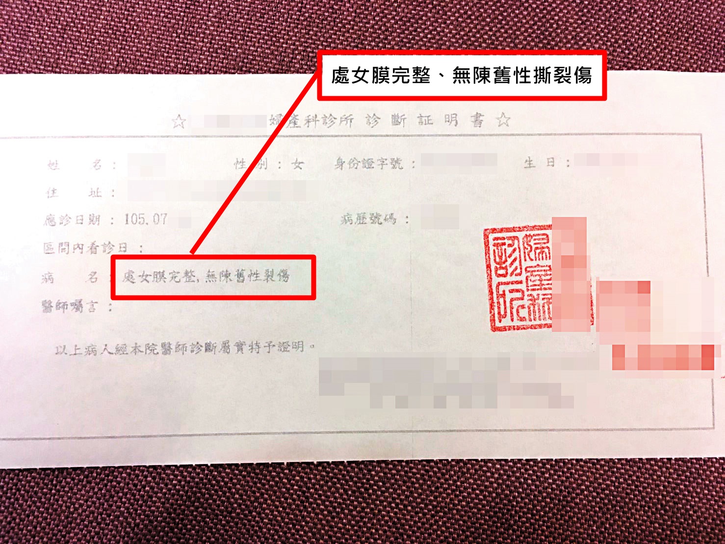為取信富商,賣淫集團要求大三女生小美到婦產科檢查,取得「處女證明」。