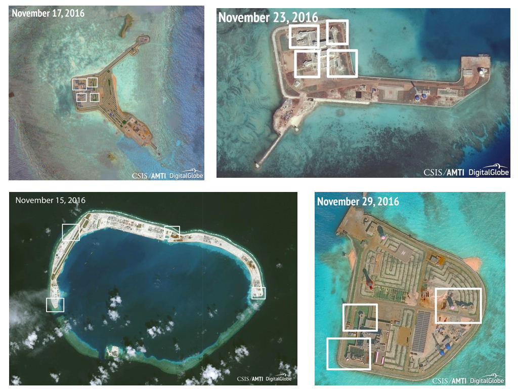 美國智庫戰略與國際研究中心(CSIS)空照圖顯示中國在南沙群島佔領島礁部署武器系統。(上左:南薰礁,上右:東門礁,下左:美濟礁,下右:赤瓜礁。畫面取自CSIS。)