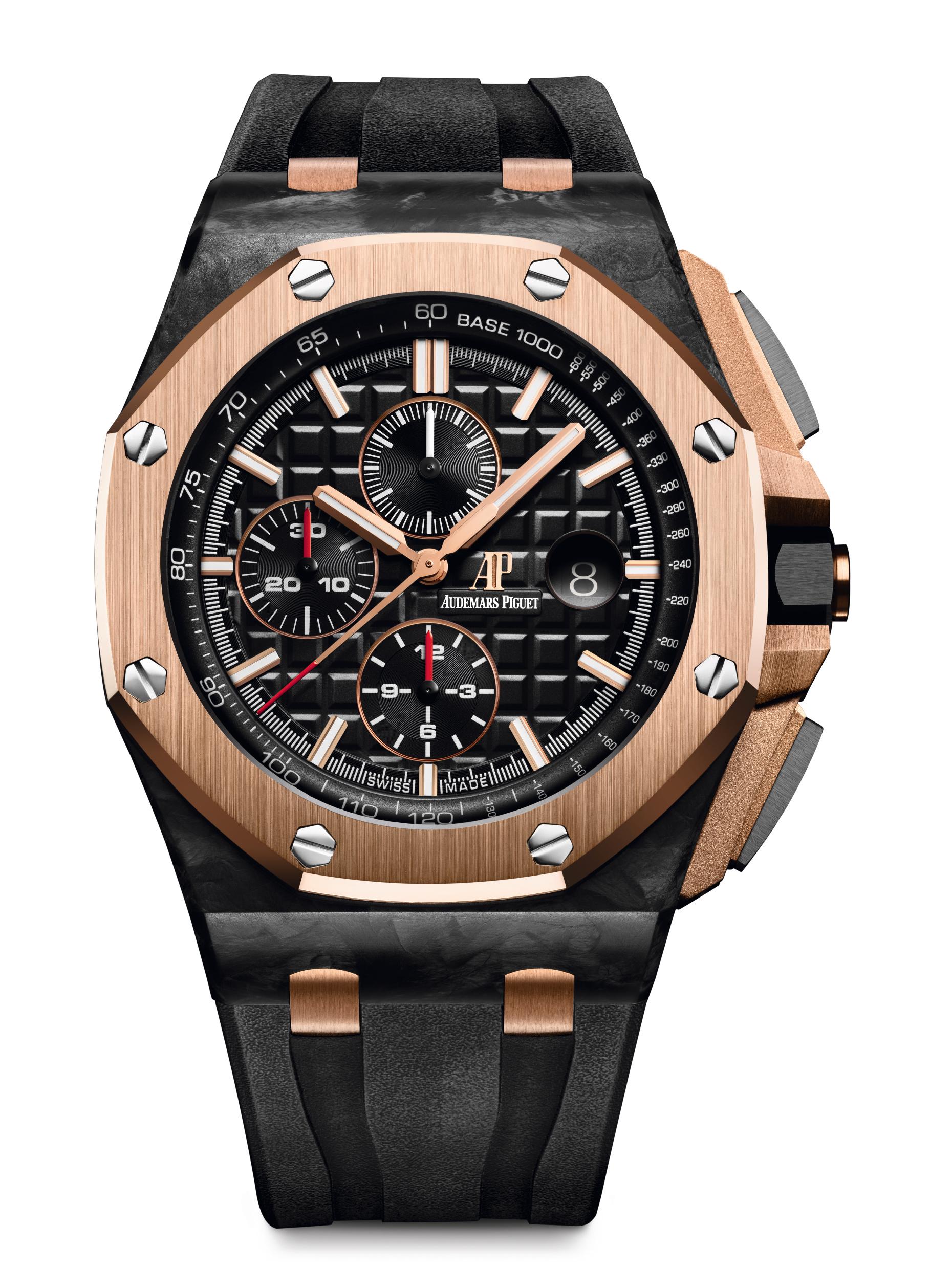 AUDEMARS PIGUET Royal Oak Offshore QE II CUP 2016 3126/3840自動上鍊機芯/鍛造碳+18K玫瑰金+陶瓷材質/錶徑44mm/時間、日期顯示/計時碼錶功能/藍寶石水晶錶鏡、底蓋/防水100米/限量200只/建議售價:NT$ 1,428,000