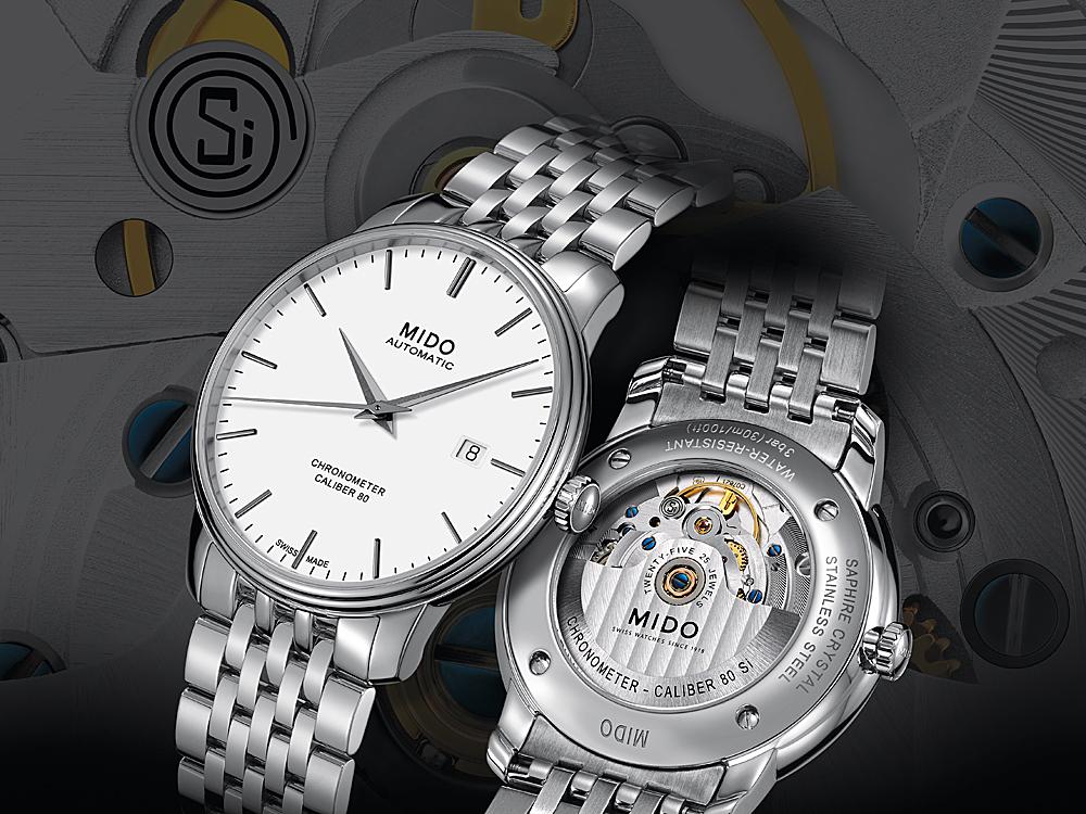 MIDO的「Baroncelli Caliber 80 Chronometer Si永恆系列矽游絲腕錶」裝配全新Caliber 80 Si矽游絲機芯，裝飾9K白金錶橋與Si標誌，具備C.O.S.C.認證，且完全抗磁抗溫差，定價竟然不用台幣4萬元！