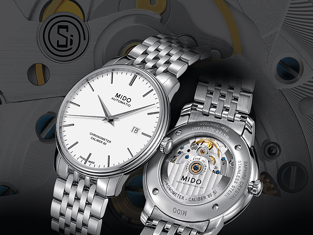 MIDO的「Baroncelli Caliber 80 Chronometer Si永恆系列矽游絲腕錶」裝配全新Caliber 80 Si矽游絲機芯，裝飾9K白金錶橋與Si標誌，具備C.O.S.C.認證，且完全抗磁抗溫差，定價竟然不用台幣4萬元！