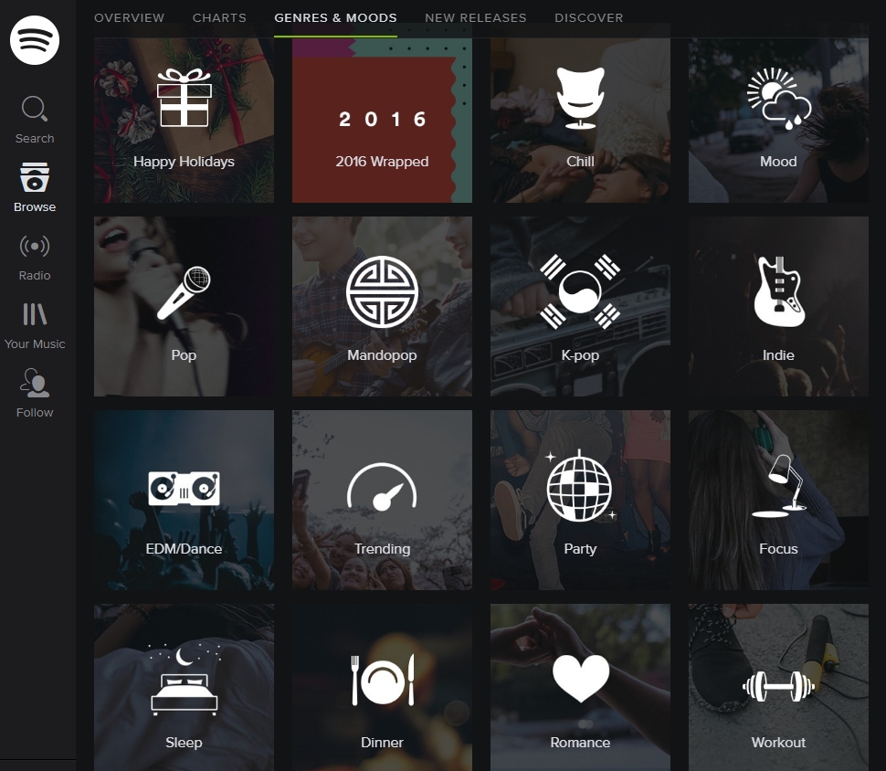 在 Spotify 站內首頁可從各種分類與關鍵字找到你想聽的播放清單。