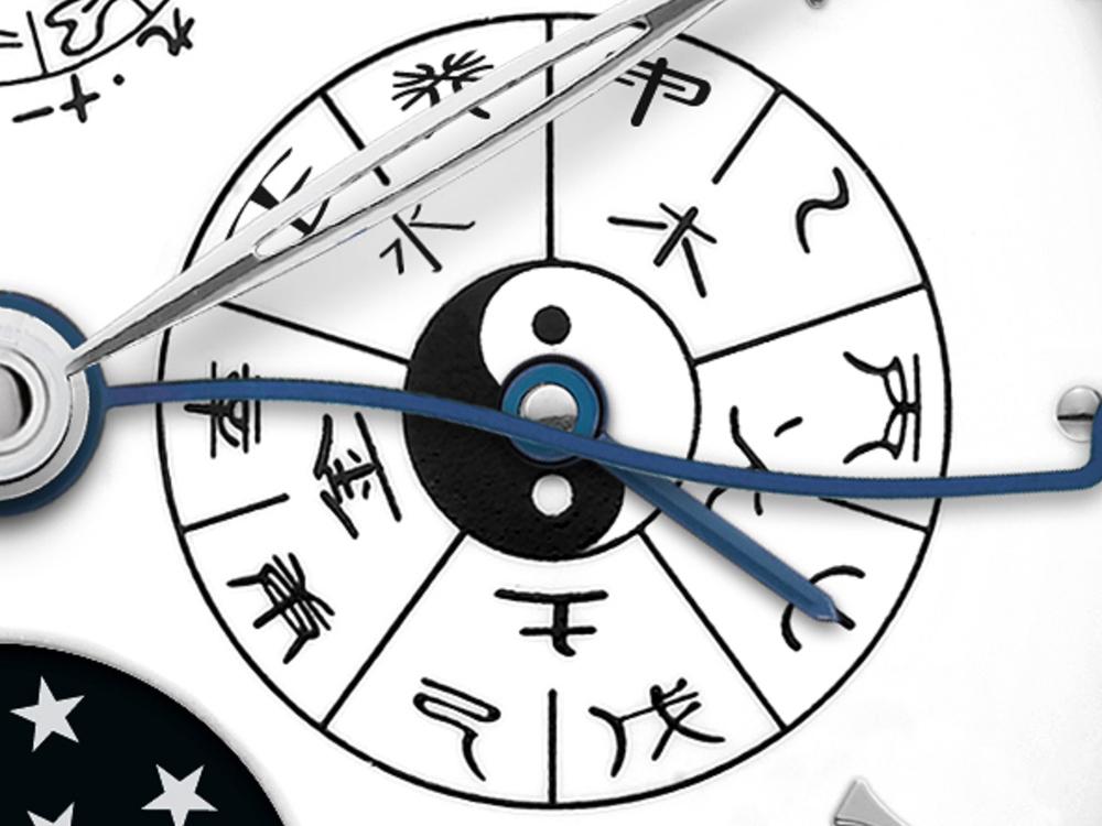 三點鐘位置的為「天干＋五行」指示（10年一週期），與12點鐘位置的生肖視窗結合，就可以知道該年度的「歲次」為何。不過看到大明火琺瑯面盤上那不太自然的手寫「中文字」，還是讓人覺得有些好笑（因為老外不懂中文字筆劃順序的奧義啊…）…