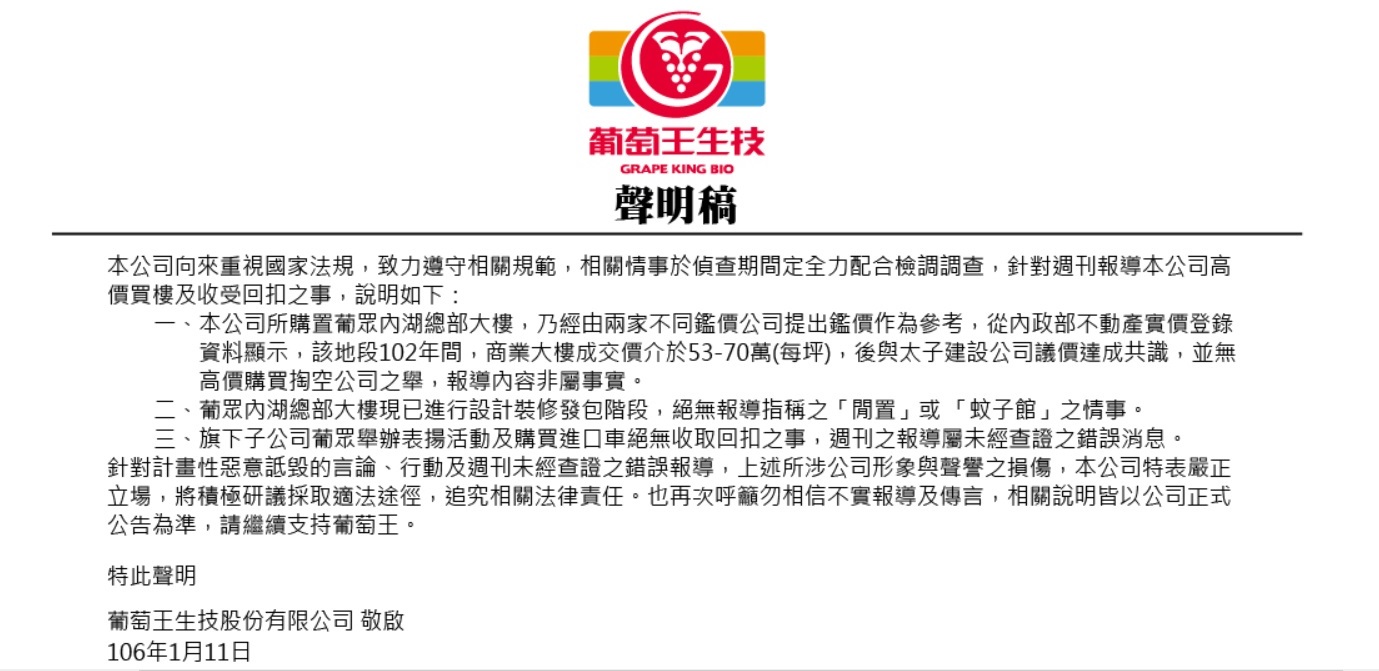 葡萄王官網貼出聲明,否認有收受回扣等不法。