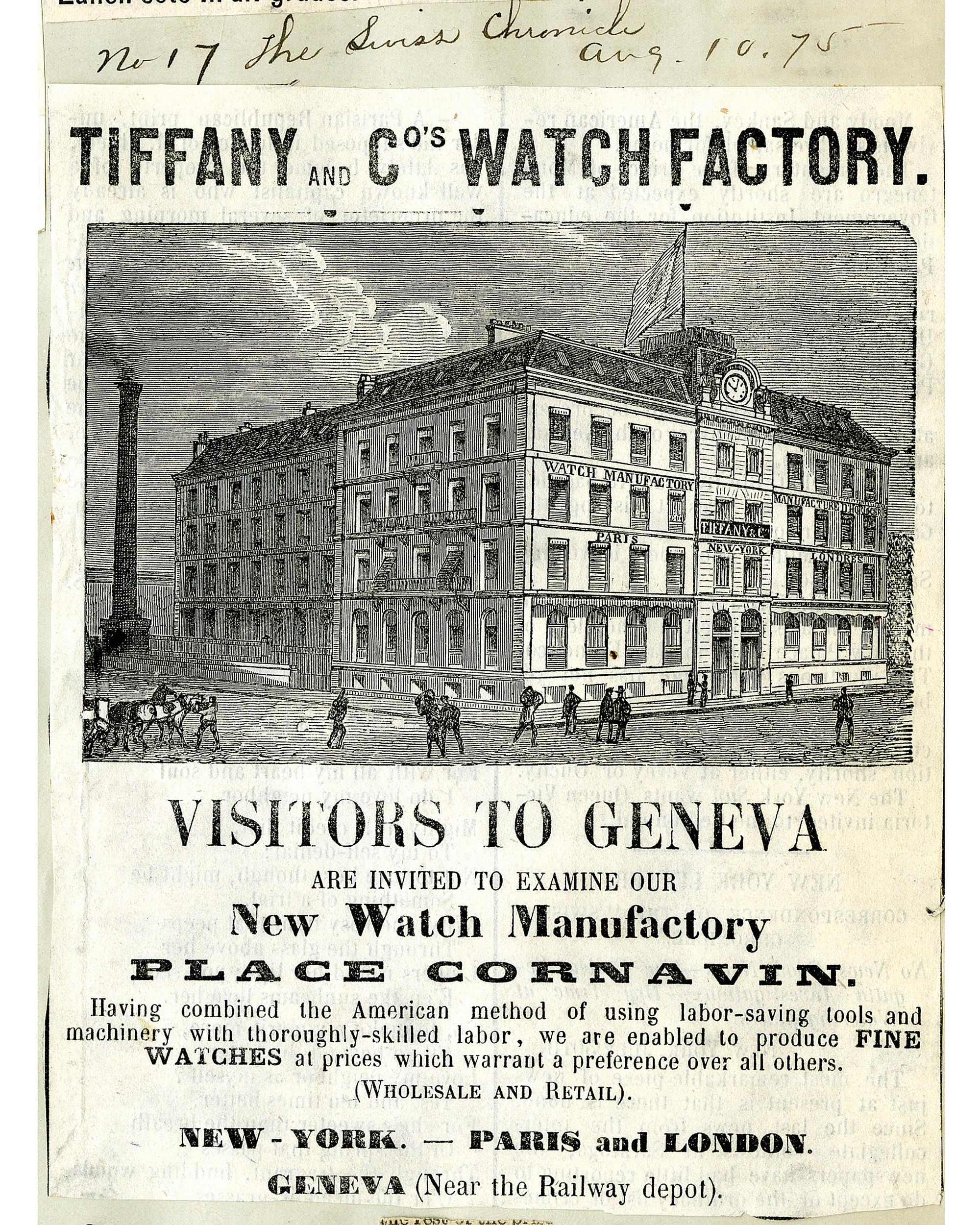 1874年，Tiffany在日內瓦的Place Cornavin建造了一棟當時最現代化的四層樓工坊。