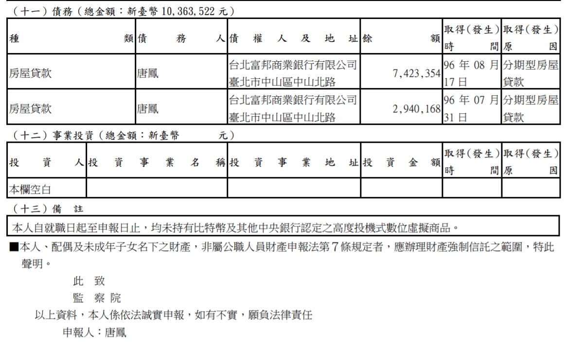 唐鳳首次財產申報資料。