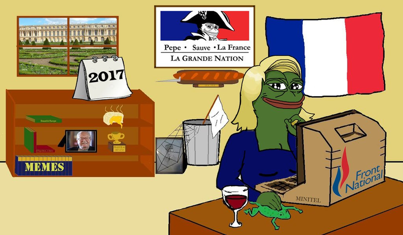 青蛙哥Pepe（Pepe the Frog）是支持川普的美國「另類右派」在社群媒體傳播川普主張、嘲諷對手常用的梗圖，如今似乎也跨過大西洋為勒朋助陣。圖為青蛙姊勒朋（Pepe Le Pen）（圖片截取自Reddit網頁）