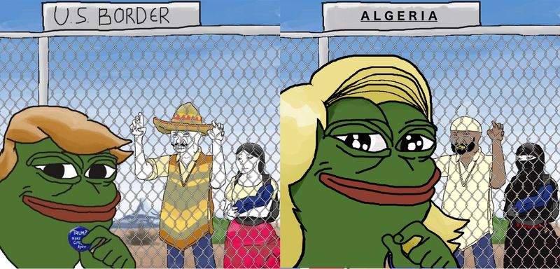 川普與勒朋限制外來移民的主張有志一同。（圖片截取自pepedefrance網頁）