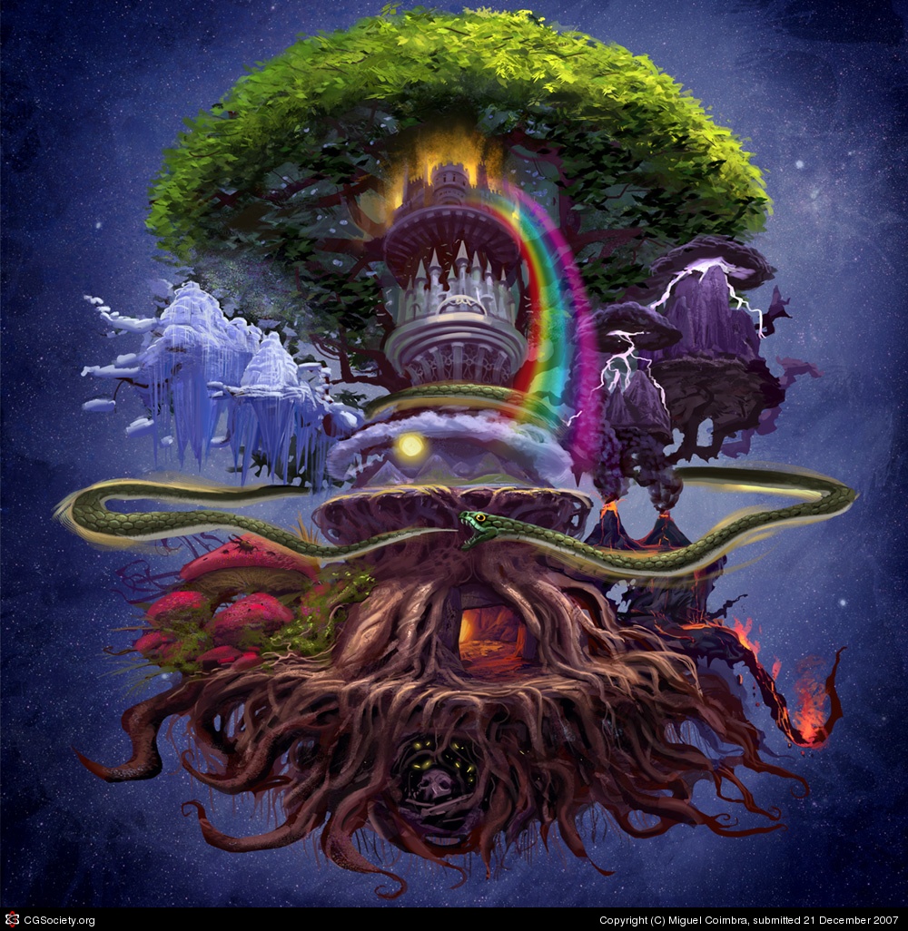 世界之樹，中央有日月星辰的才是人類的世界。