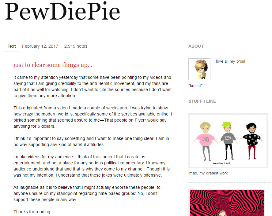 PewDiePie的聲明文章。