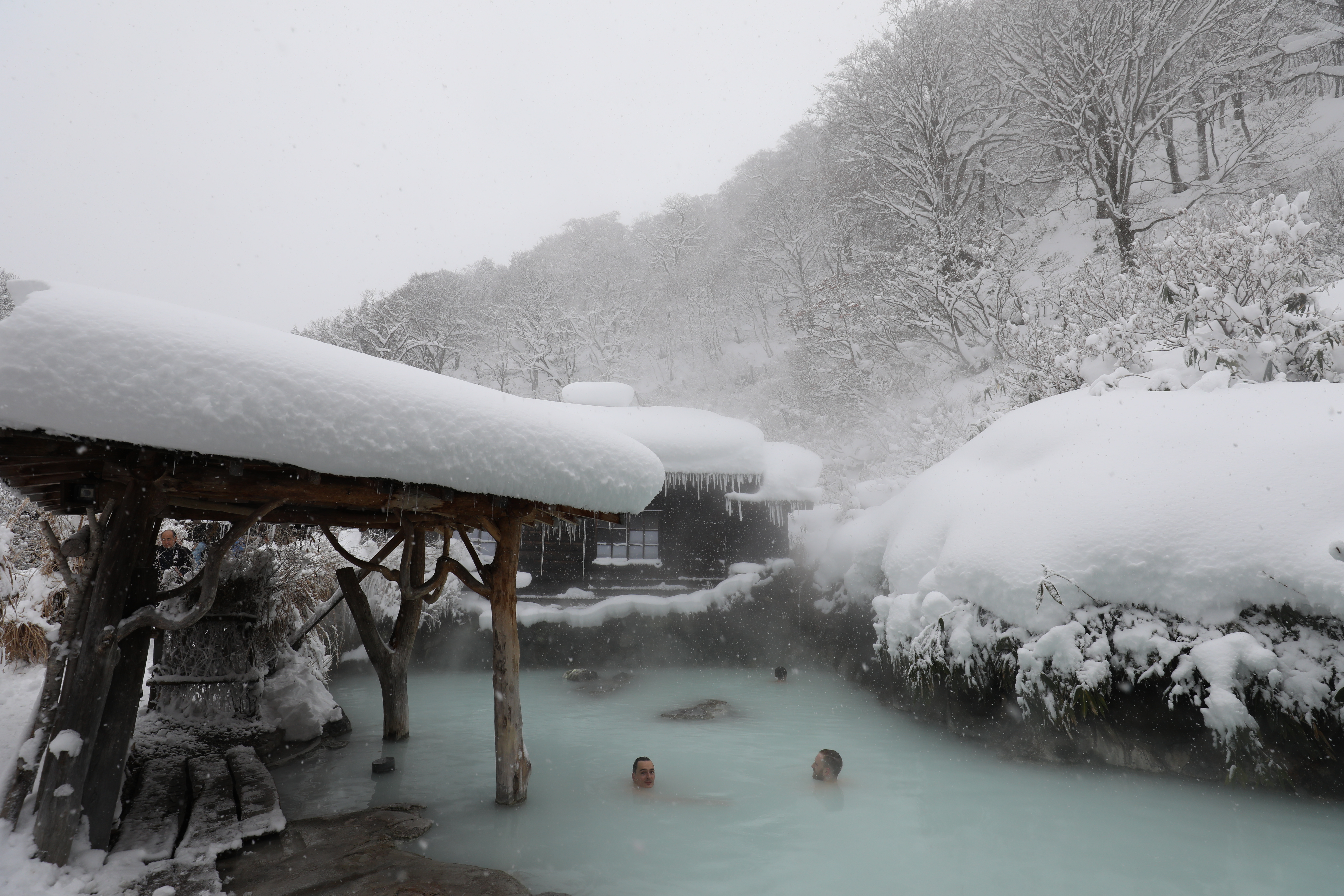 鶴之湯的泉水富含硫磺，在雪地裡映成很美的蒂芬妮藍。
