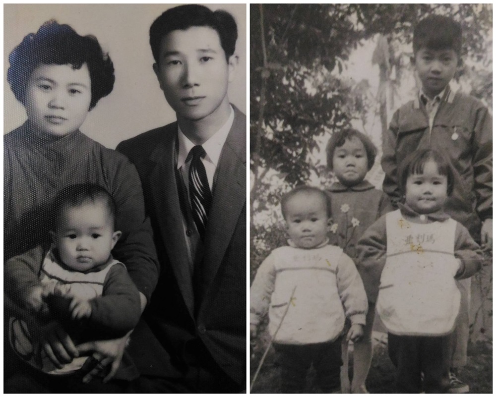 左圖：作者王院子父母與大姊。右圖：作者（左下）兒時與二姊（右）大姊（左上）合影。（作者王院子提供）