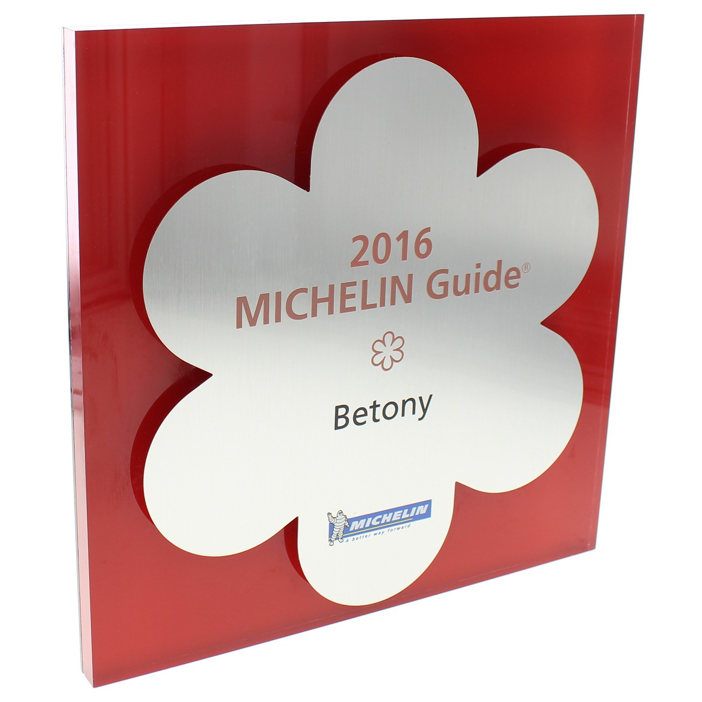 米其林指南頒發的星級招牌，上面的名稱指的是餐廳本身，而非主廚名。（翻攝自網路）