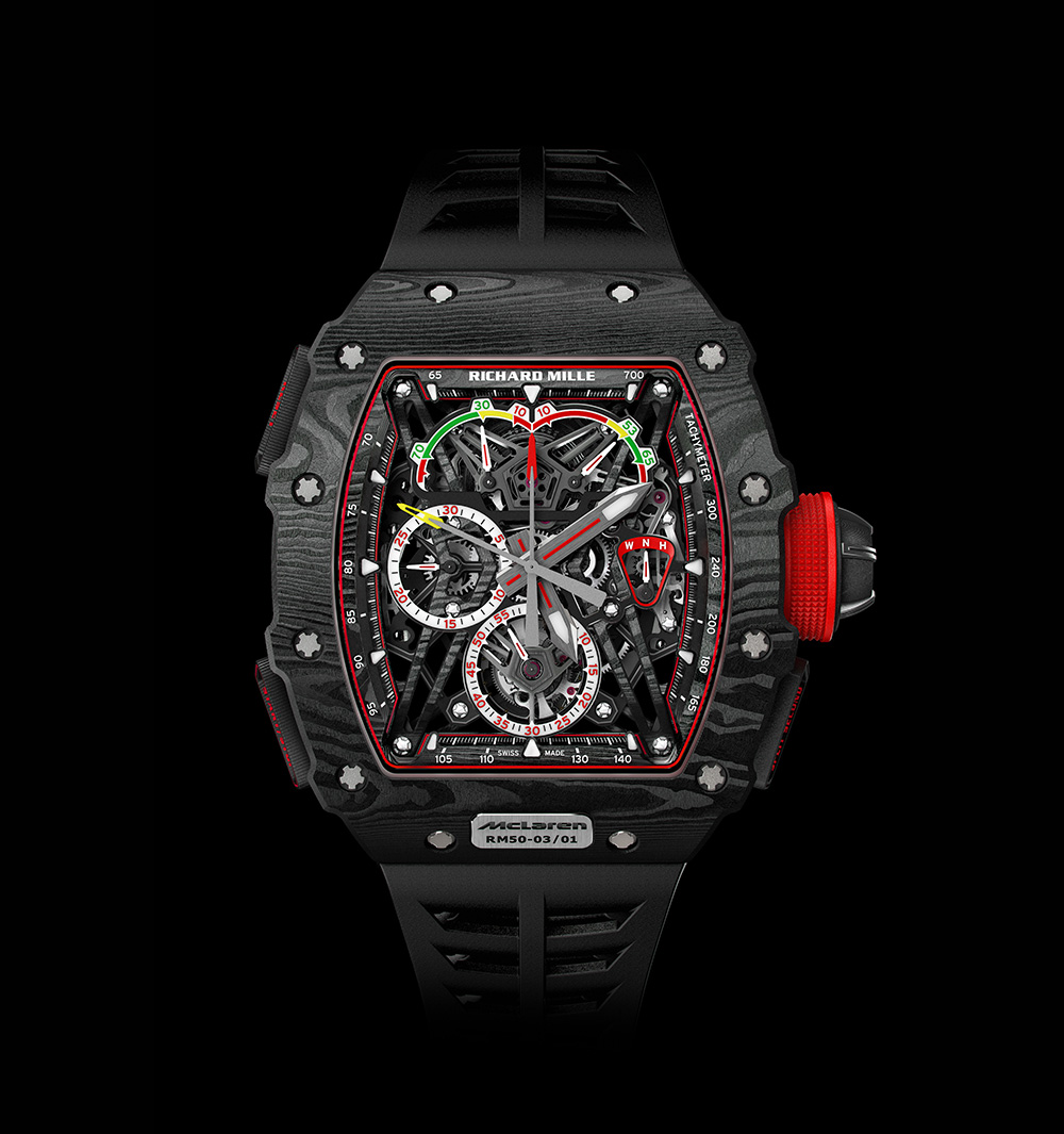 RM 50-03 McLAREN F1,44.5mm Graph TPT™材質錶殼,具備陀飛輪、雙追針計時功能、動力儲存顯示,全球限量75只,定價98萬瑞士法郎。