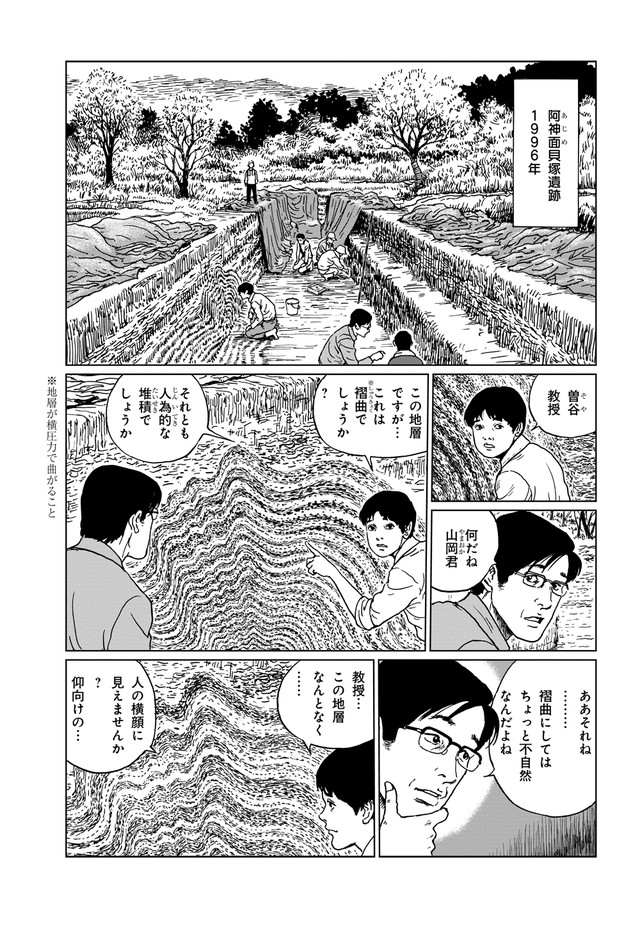 故事一開始就從遺跡挖掘開始，看起來就是第一號死者臉的山崗君發現了不尋常的地層褶曲。